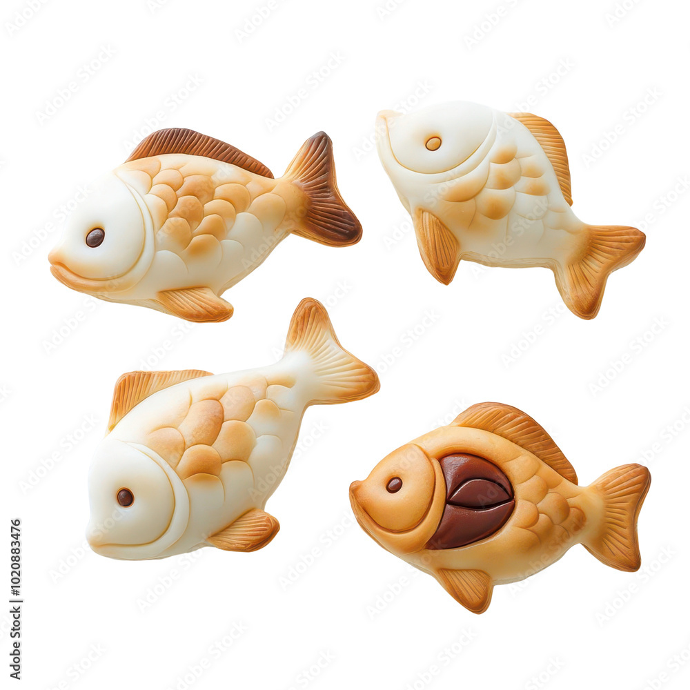 Fototapeta premium Cute, decorative fish-shaped pastries in various colors and designs, set against a black background.