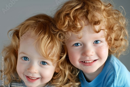 Portrait of a cute little boy and girl with blond curly hair