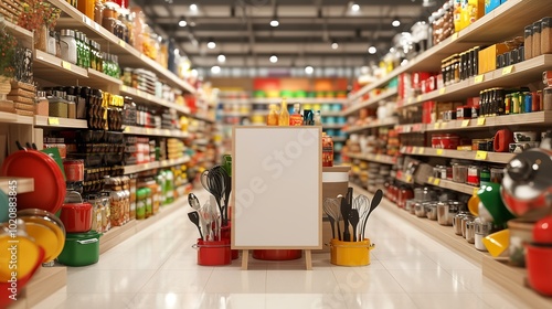 A large white signboard within the kitchenware department of a department store, positioned prominently among various kitchen items like pots, pans, utensils, and cookware sets.