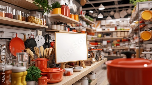A large white signboard within the kitchenware department of a department store, positioned prominently among various kitchen items like pots, pans, utensils, and cookware sets.