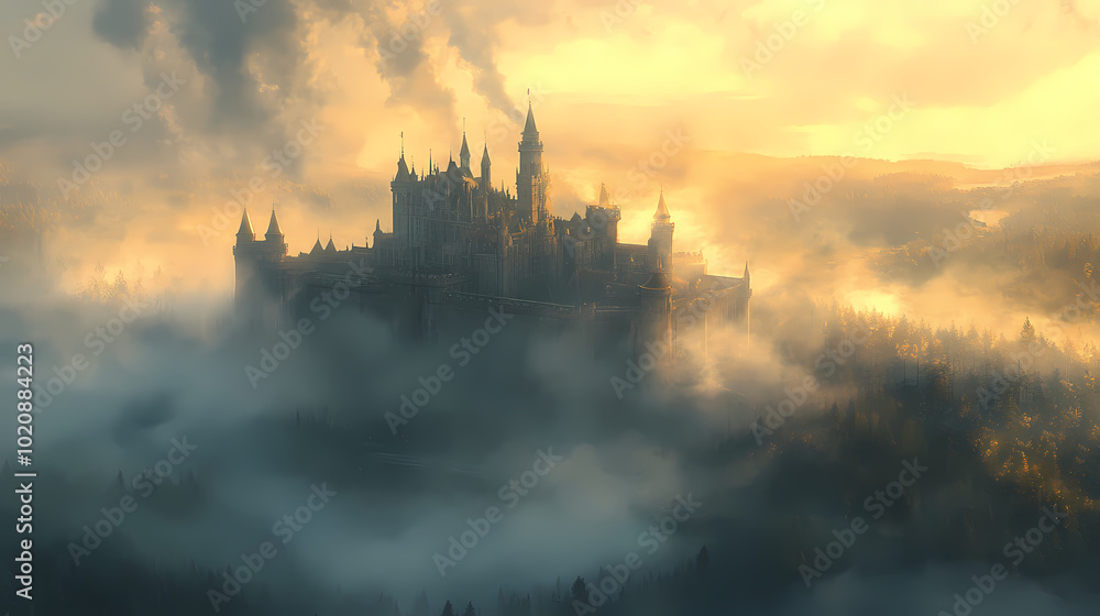 Naklejka premium a castle with a fantasy view, cloudy and foggy