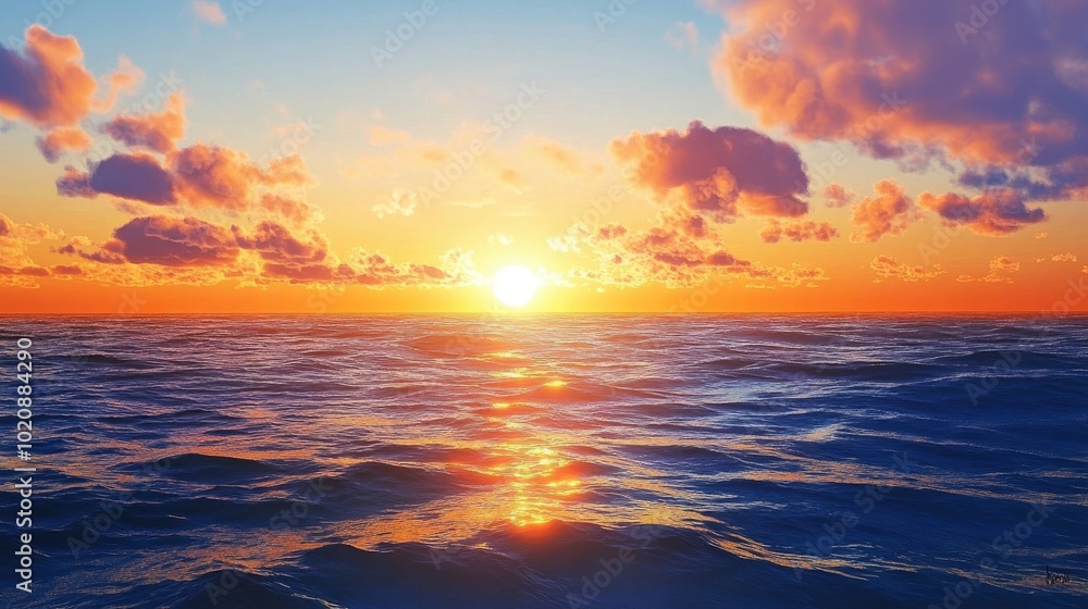 Vibrant ocean sunset, colorful sky, serene nature, tranquil waves, peaceful horizon, scenic view, dreamy seascape, radiant sunlight Vibrant ocean sunset, colorful sky, serene nature, tranquil waves, peaceful horizon, scenic view, dreamy seascape, radiant sunlight