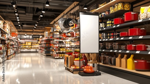 A large white signboard within the kitchenware department of a department store, positioned prominently among various kitchen items like pots, pans, utensils, and cookware sets.