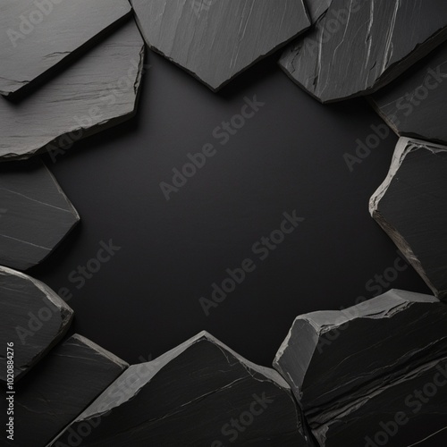 black slate rocks forming a geometric frame with sharp broken edges surrounding a smooth background center - square dark background 