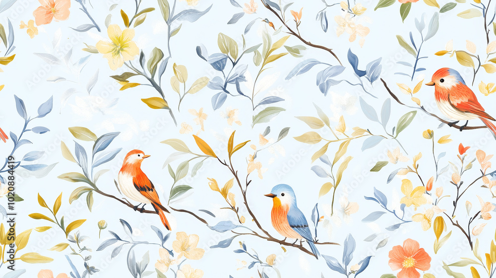 Seamless delicate floral pattern with birds and bamboo branches Seamless delicate floral pattern with birds and bamboo branches