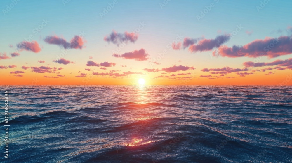 Fototapeta premium Beautiful Ocean Sunset, Tranquil Sea View, Serene Horizon, Sunset Clouds, Peaceful Ocean Scene