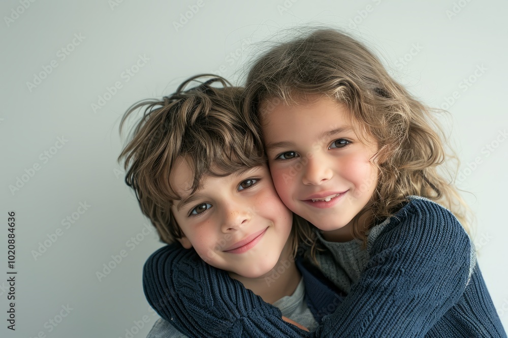 Little boy and girl embracing and looking at camera. Studio shot. Little boy and girl embracing and looking at camera. Studio shot.