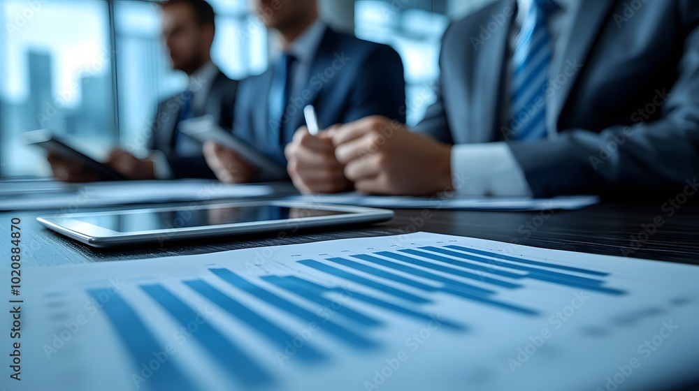 Business development team using tablets for communication in a corporate meeting, dynamic and modern setting Business development team using tablets for communication in a corporate meeting, dynamic and modern setting