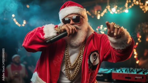 Santa Claus dressed in a hip-hop style, wearing a red and white tracksuit, He is performing at a party, holding a microphone and singing with energy and enthusiasm. photo