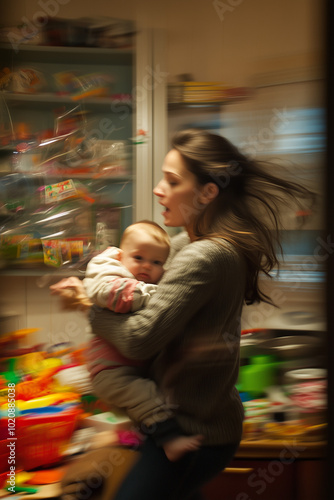 Stressed Mother Holding Baby in Chaotic Home