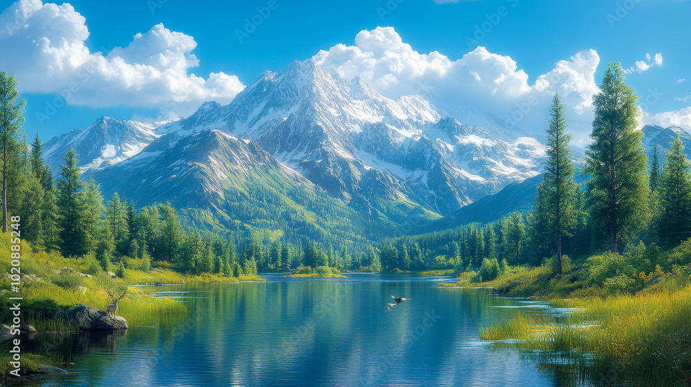 Breathtaking Snow-Capped Mountain Range, Pristine Lake, Deer and Eagles in Natural Wilderness Scenery Breathtaking Snow-Capped Mountain Range, Pristine Lake, Deer and Eagles in Natural Wilderness Scenery