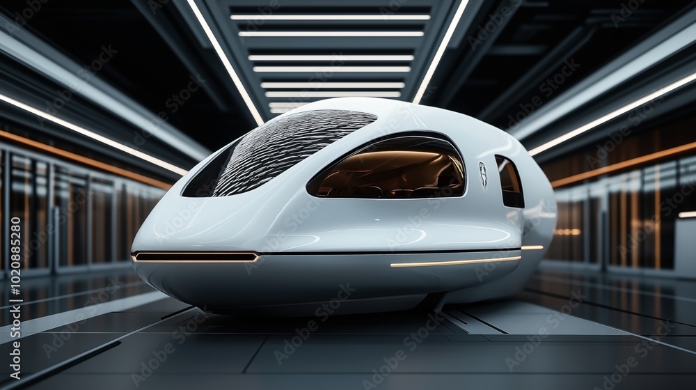 Futuristic autonomous pod vehicle in sleek modern tunnel with ambient lighting and reflective surfaces Futuristic autonomous pod vehicle in sleek modern tunnel with ambient lighting and reflective surfaces