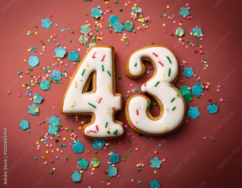 Decorated cookie, number 43, image for birthday or anniversary celebration Decorated cookie, number 43, image for birthday or anniversary celebration