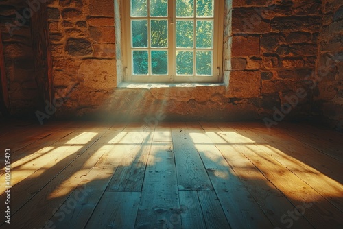 Wallpaper Mural Sunbeams Illuminating a Wooden Floor Through a Window in a Stone Room Torontodigital.ca
