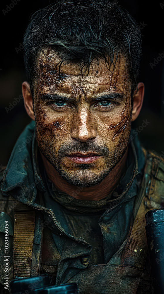 Battle-Hardened Soldier with Scars in Tactical Gear, Intense Determined Expression, Gritty War-Themed Portrait, Brave Warrior, Military Hero, Post-Battle Scene Battle-Hardened Soldier with Scars in Tactical Gear, Intense Determined Expression, Gritty War-Themed Portrait, Brave Warrior, Military Hero, Post-Battle Scene