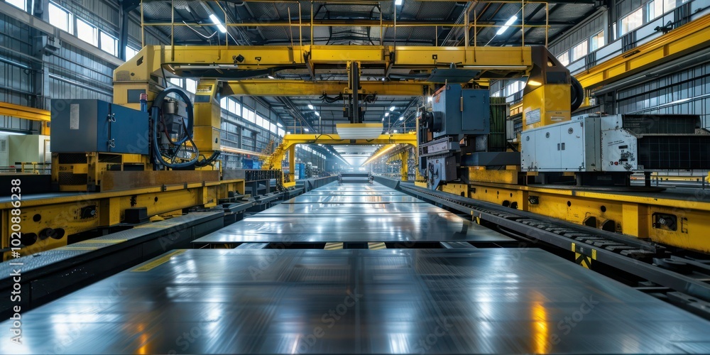 High-tech machinery pressing steel sheets for car body parts in a car manufacturing facility High-tech machinery pressing steel sheets for car body parts in a car manufacturing facility