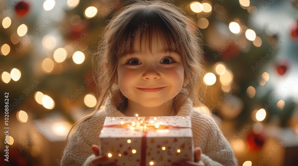A joyful girl unwraps a surprise gift during a magical Christmas celebration at home A joyful girl unwraps a surprise gift during a magical Christmas celebration at home