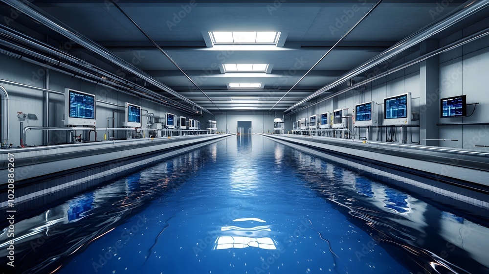 Naklejka premium Futuristic Water Treatment Plant with Holographic Control Panels and Advanced Monitoring Systems