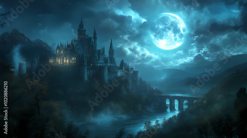 A mighty castle in the moonlight.