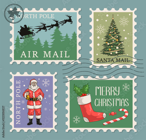 Christmas postage stamps set colorful