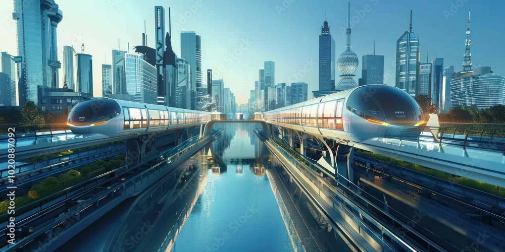 Illustration of a futuristic city with advanced passenger transport systems Illustration of a futuristic city with advanced passenger transport systems