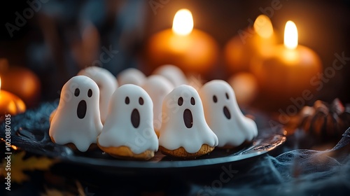 Halloween Party Snacks with Ghostly Designs and Eerie Lighting on Dark Background with Copy Space