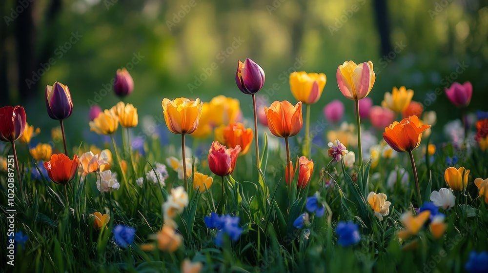 Fototapeta premium Colorful tulips bloom in a field with a blurred background.