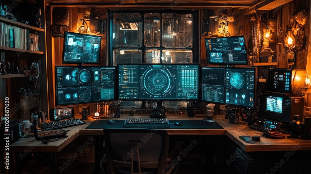A high-tech workstation with multiple monitors, controlling complex systems A high-tech workstation with multiple monitors, controlling complex systems