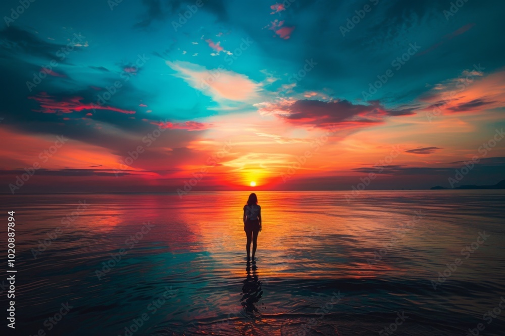 Person Silhouetted Against Orange and Blue Sunset Over Calm Waters with Dramatic Clouds, Symbolizing Solitude and Contemplation at Twilight Person Silhouetted Against Orange and Blue Sunset Over Calm Waters with Dramatic Clouds, Symbolizing Solitude and Contemplation at Twilight