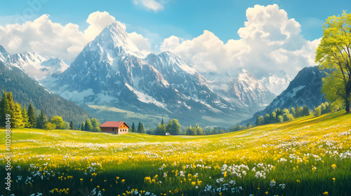 Fototapeta Naklejka Na Ścianę i Meble -  Idyllic Mountain Landscape in the Alps with Blooming Meadows in Springtime: A serene alpine landscape with blooming meadows and snow-capped peaks, capturing the beauty of spring