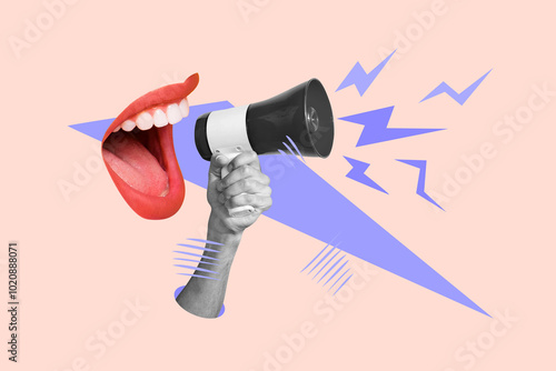 Composite collage image of mouth scream announce news megaphone shopping demonstration fantasy billboard comics zine photo