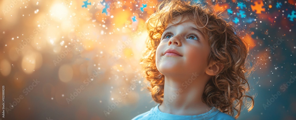 A young boy gazes upward with curiosity, surrounded by a vivid explosion of colors, symbolizing creativity. Perfect for Mental Health Day campaigns and educational content. A young boy gazes upward with curiosity, surrounded by a vivid explosion of colors, symbolizing creativity. Perfect for Mental Health Day campaigns and educational content.