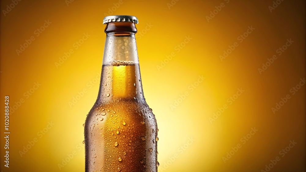 A single, chilled beer bottle with condensation droplets on its surface, standing against a vibrant golden backdrop. A single, chilled beer bottle with condensation droplets on its surface, standing against a vibrant golden backdrop.