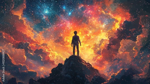 Celebrate Mental Health Day with this empowering image of a person on a mountain peak, arms open to the cosmic sky, symbolizing connection and upliftment.