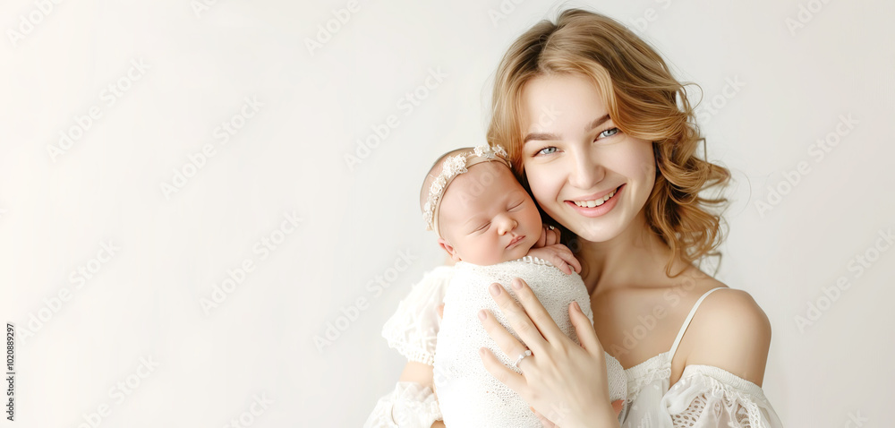 Portrait of mom holding baby with her arms isolated background, love moment, newborn sleeping tenderly in arms, cute little infant. Portrait of mom holding baby with her arms isolated background, love moment, newborn sleeping tenderly in arms, cute little infant.
