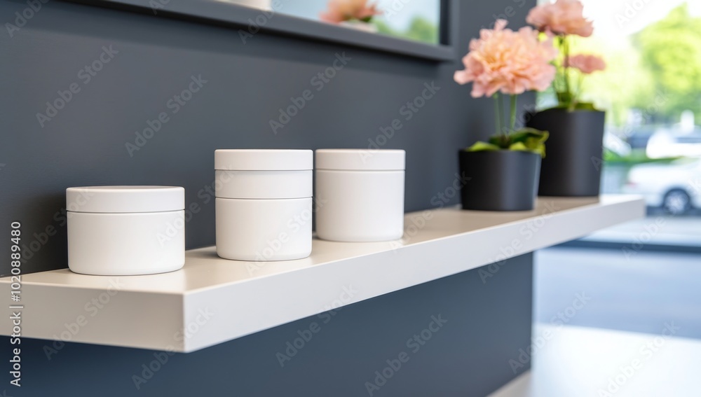 Close-Up of Multiple White Cream Jars on a Shelf in a Modern Skincare Laboratory, with a Blurred Background Close-Up of Multiple White Cream Jars on a Shelf in a Modern Skincare Laboratory, with a Blurred Background