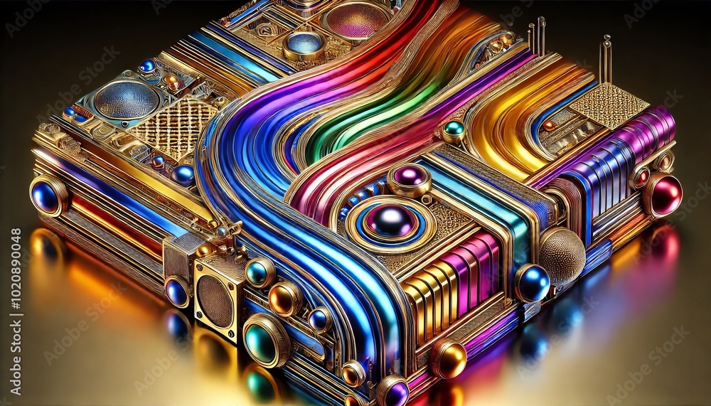 Abstract 3D Geometric Design with Metallic Textures and Rainbow Colors Abstract 3D Geometric Design with Metallic Textures and Rainbow Colors