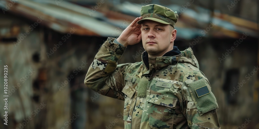 Soldier in a camouflage army uniform, saluting during a military ceremony Soldier in a camouflage army uniform, saluting during a military ceremony