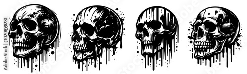 dripping skulls with splatter effects, black vector set