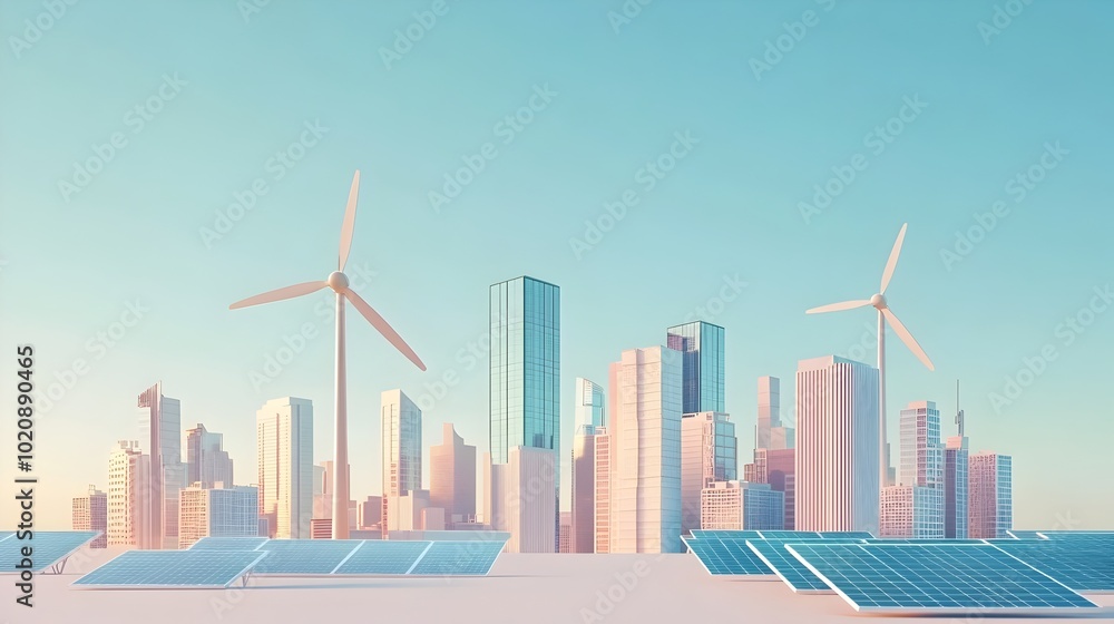 Fototapeta premium Renewable Energy Powering Modern Cityscape with Wind Turbines and Solar Panels in Clear Blue Sky