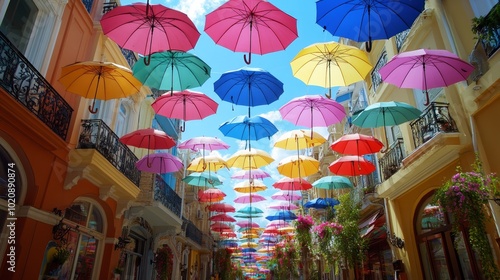 Wallpaper Mural Colorful umbrellas hanging over a street in a city, creating a cheerful atmosphere. Torontodigital.ca