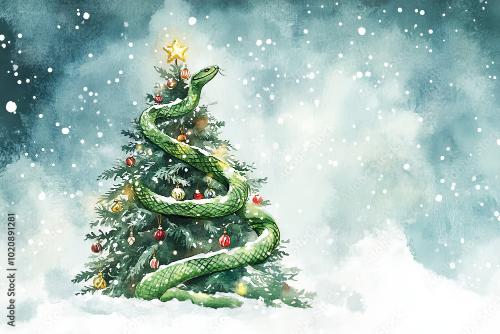 A whimsical illustration of a green snake coiled around a Christmas tree, surrounded by colorful ornaments and snowflakes in a festive winter setting.
A whimsical illustration of a green snake coiled around a Christmas tree, surrounded by colorful ornaments and snowflakes in a festive winter setting.