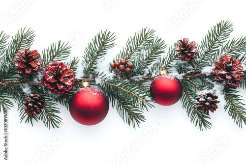 Christmas Garland, Pinecones, Red Baubles, Snowy Spruce, Holiday Decor