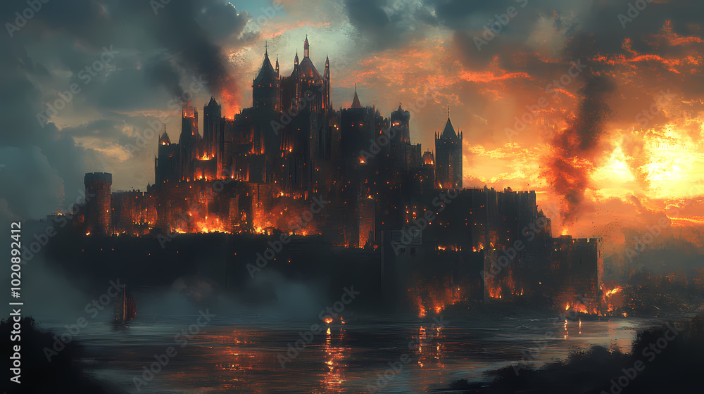 Fototapeta premium Medieval fantasy castle designed by Dark Knight. Artwork in oil and digital format.