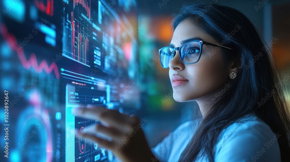 Young Female Analyst Interacting with Futuristic Digital Interface Young Female Analyst Interacting with Futuristic Digital Interface