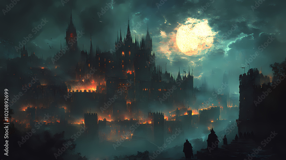 Fototapeta premium Medieval fantasy castle designed by Dark Knight. Artwork in oil and digital format.