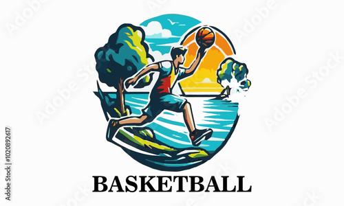 This vector illustration shows a teenage boy playing basketball. This design is very suitable for use as a poster design, t-shirt or sports promotional material