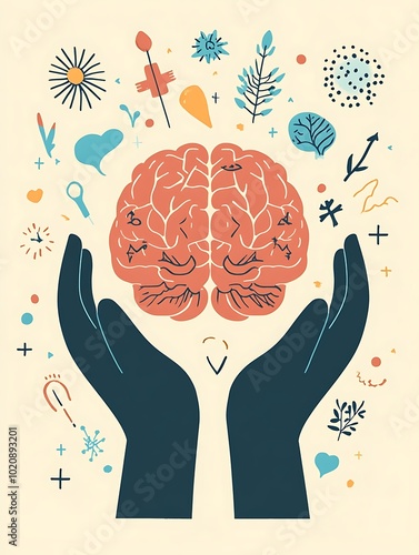 Hands Cradling a Brain with Mental Health Awareness Symbols in Soothing Colors, Representing Care and Support