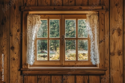 Window with Lace Curtains in a Wooden Cabin