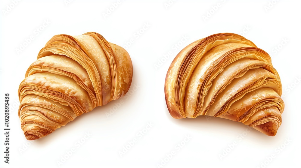 Two fresh croissants on a white isolate background, showcasing their flaky and buttery layers. Two fresh croissants on a white isolate background, showcasing their flaky and buttery layers.